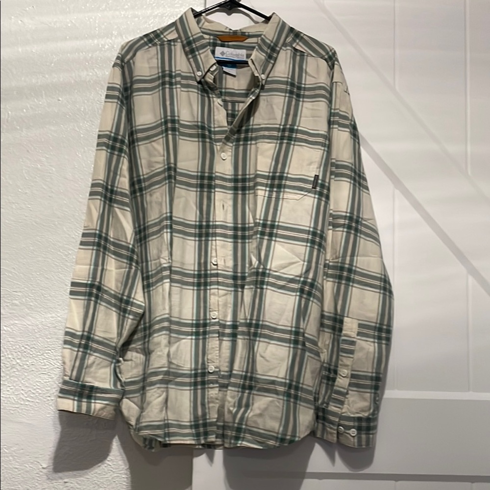 Green and White Plaid Button-Up Shirt